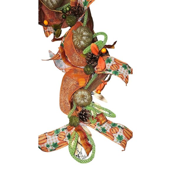 6' Fall Leaf and Pumpkin Handmade Garland with Brown, Orange and Green Ribbon - Picture 6 of 8